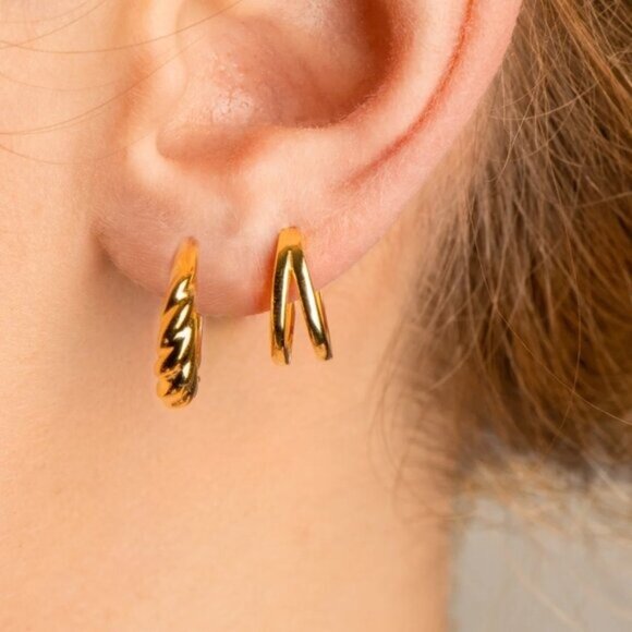 Gold Double Huggie Earrings Hypoallergenic Earrings Everyday Small Hoop Earrings - Picture 6 of 16